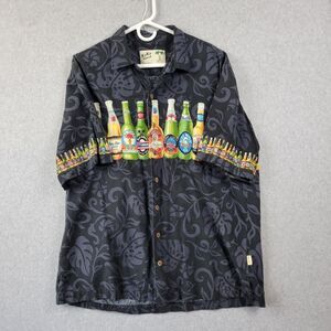 Vtg Koko Island Black Floral Beer Print SS Button Up Hawaiian Shirt Men's XL